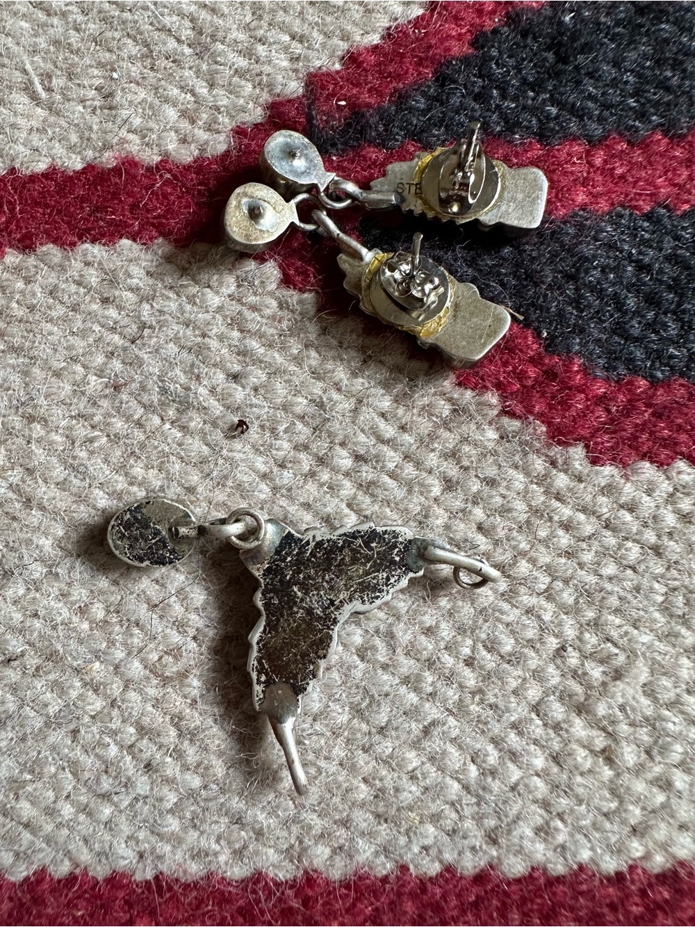 Vintage Native American Turquoise Coral Sterling Earrings And Pendant - Picture 3 of 10